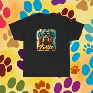 Rottie: Love at first lick. Unisex Tee, Dog Lover Gift, Pet Owner Shirt, Cute Puppy Graphic Top, Animal Print Apparel