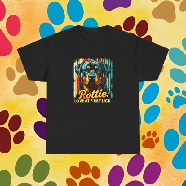Rottie: Love at first lick. Unisex Tee, Dog Lover Gift, Pet Owner Shirt, Cute Puppy Graphic Top, Animal Print Apparel